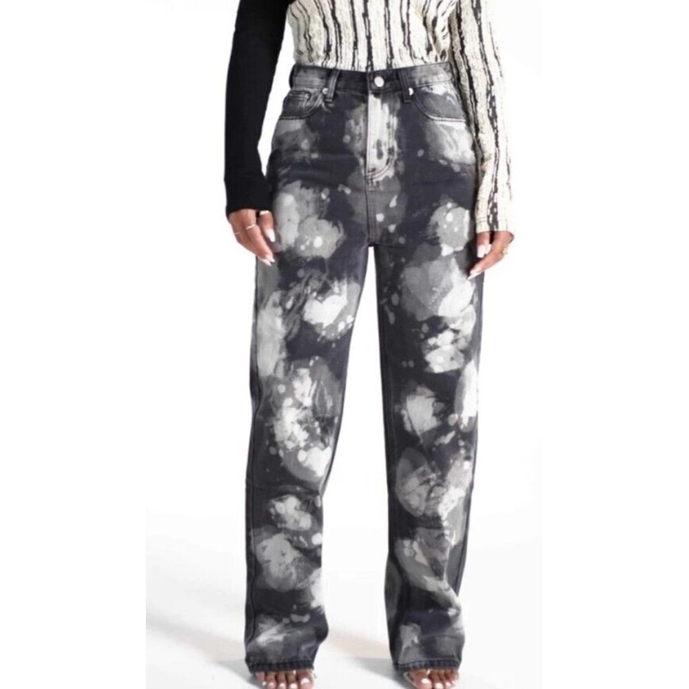 RECLAIM Women's BLEACHED DENIM BOTTOMS Size S Mom Jeans Black And White